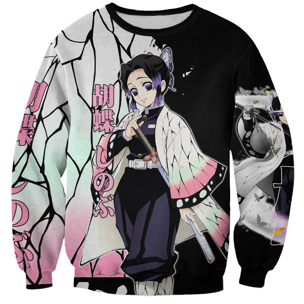 Shinobu Kocho from Demon Slayer Sweatshirt with Black and White Wing Pattern and Pastel Manga Panel Design - The Mazicc