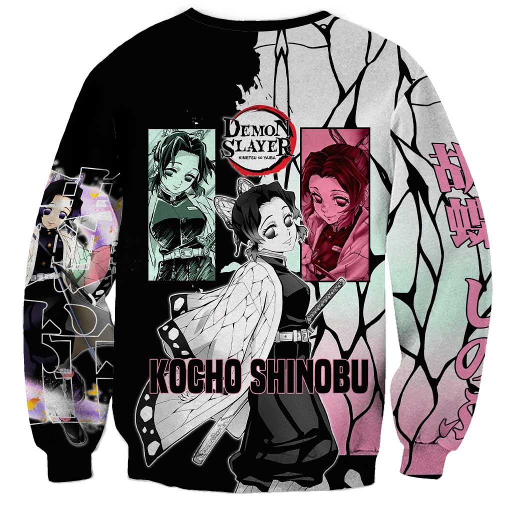 Shinobu Kocho from Demon Slayer Sweatshirt with Black and White Wing Pattern and Pastel Manga Panel Design - The Mazicc
