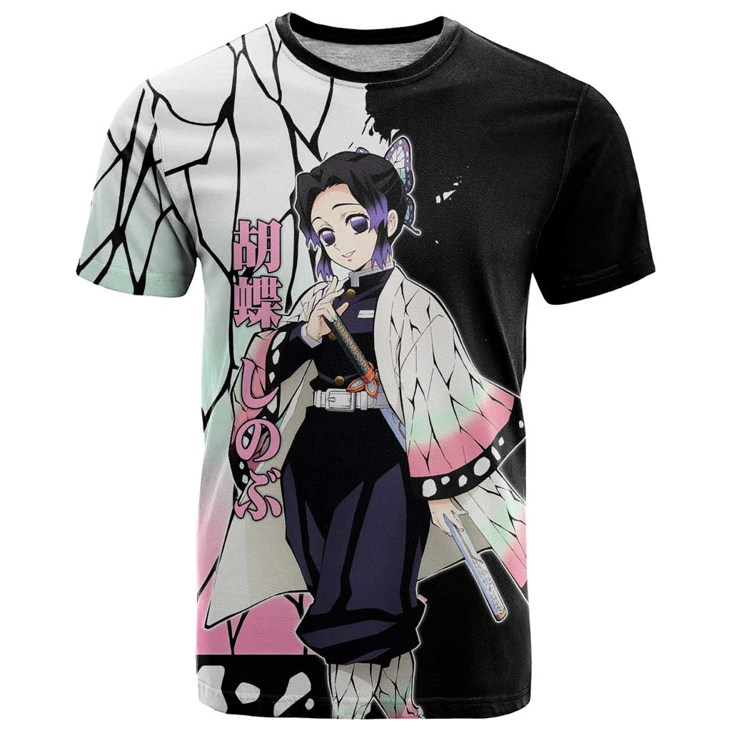 Shinobu Kocho from Demon Slayer T Shirt with Black and White Wing Pattern and Pastel Manga Panel Design - The Mazicc