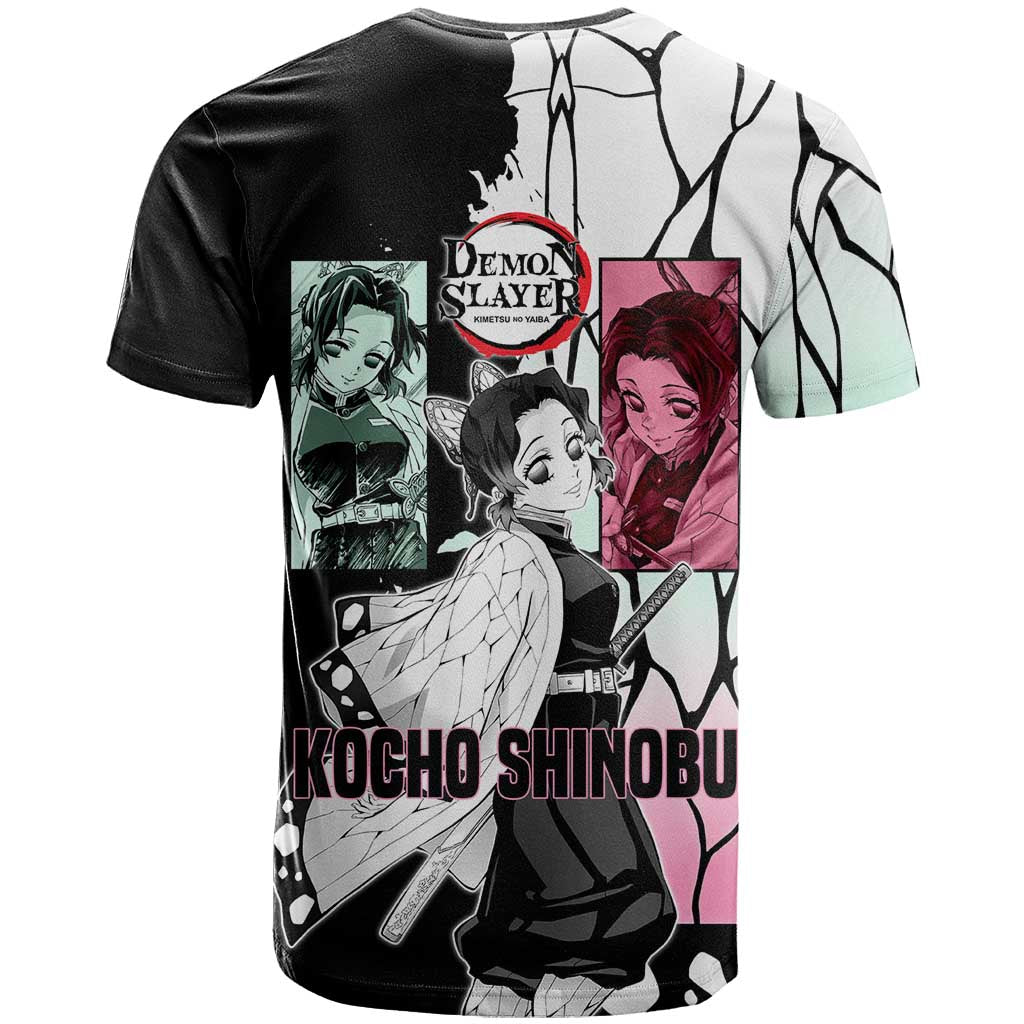 Shinobu Kocho from Demon Slayer T Shirt with Black and White Wing Pattern and Pastel Manga Panel Design - The Mazicc