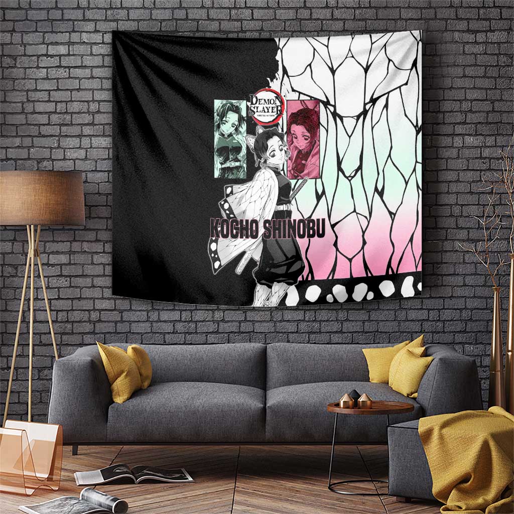 Shinobu Kocho from Demon Slayer Tapestry with Black and White Wing Pattern and Pastel Manga Panel Design - The Mazicc