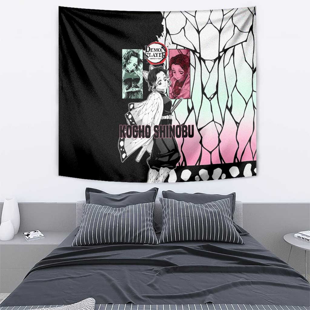 Shinobu Kocho from Demon Slayer Tapestry with Black and White Wing Pattern and Pastel Manga Panel Design - The Mazicc