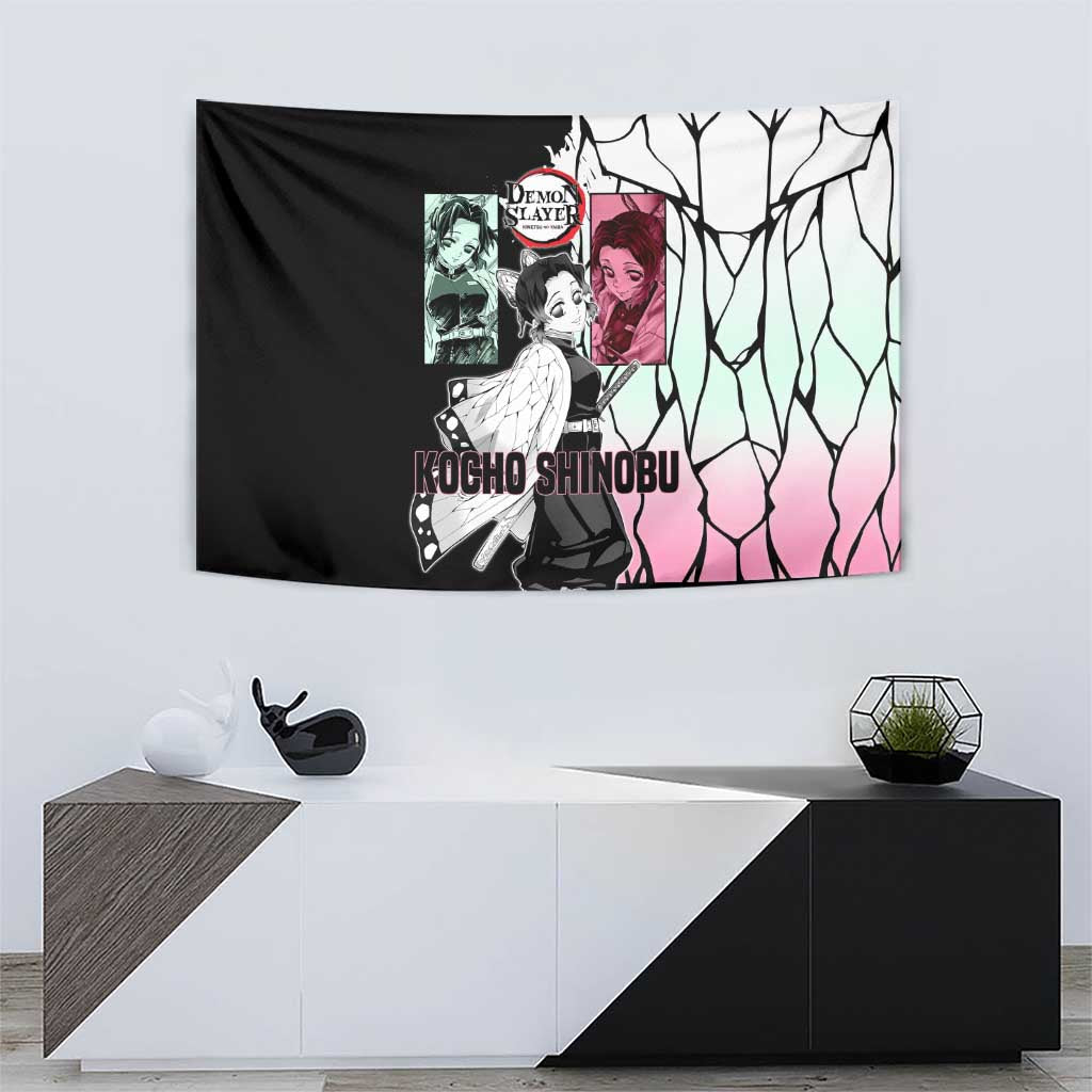 Shinobu Kocho from Demon Slayer Tapestry with Black and White Wing Pattern and Pastel Manga Panel Design - The Mazicc