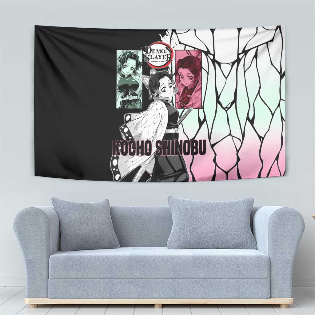 Shinobu Kocho from Demon Slayer Tapestry with Black and White Wing Pattern and Pastel Manga Panel Design - The Mazicc