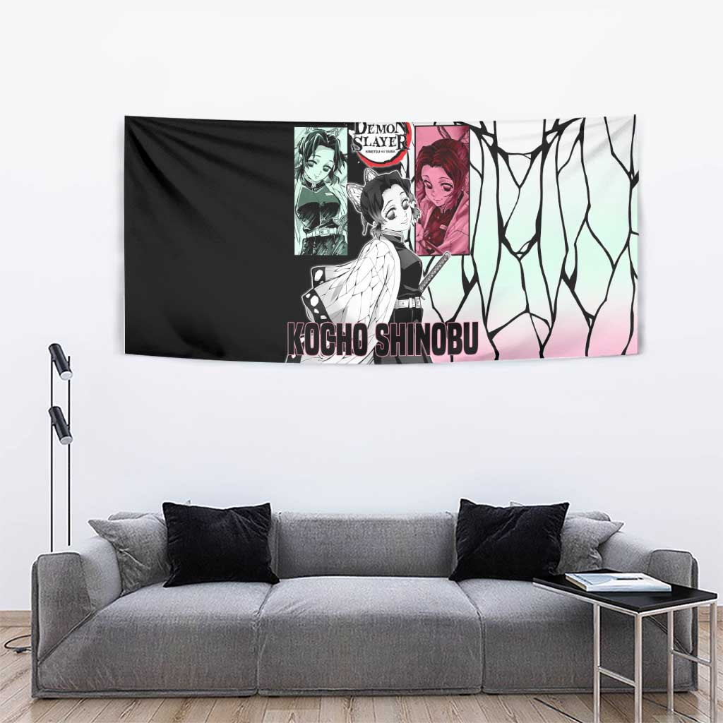 Shinobu Kocho from Demon Slayer Tapestry with Black and White Wing Pattern and Pastel Manga Panel Design - The Mazicc
