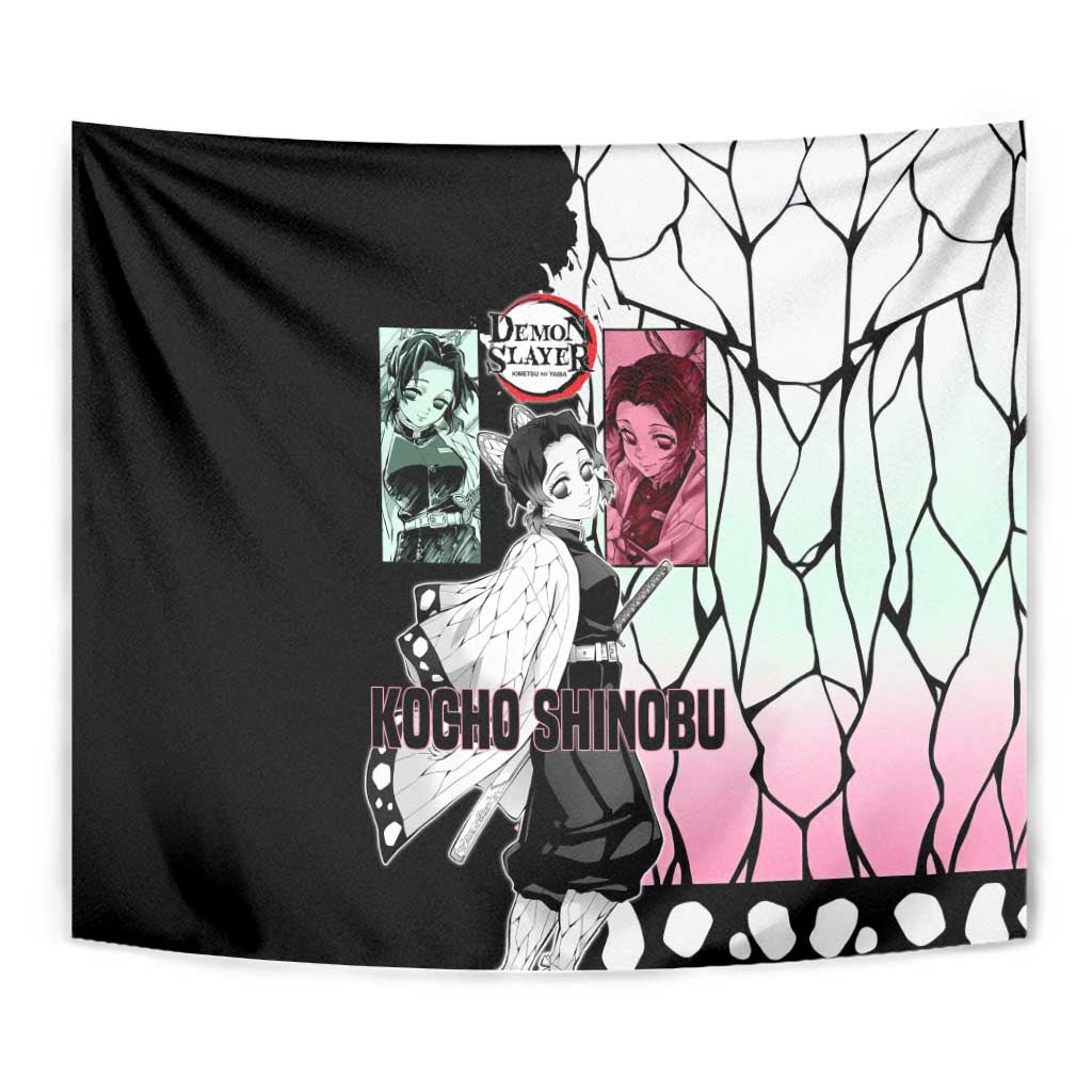 Shinobu Kocho from Demon Slayer Tapestry with Black and White Wing Pattern and Pastel Manga Panel Design - The Mazicc