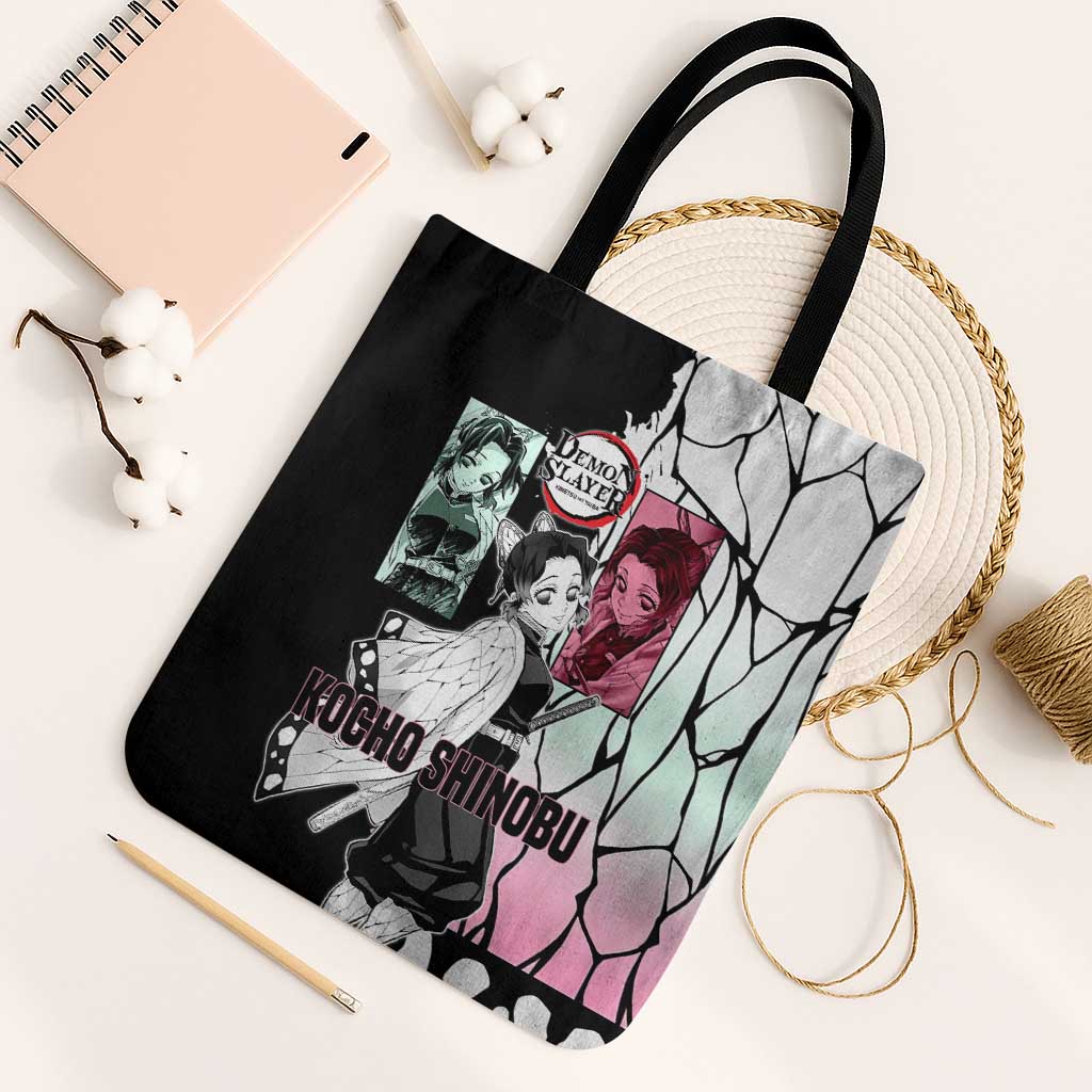Shinobu Kocho from Demon Slayer Tote Bag with Black and White Wing Pattern and Pastel Manga Panel Design - The Mazicc