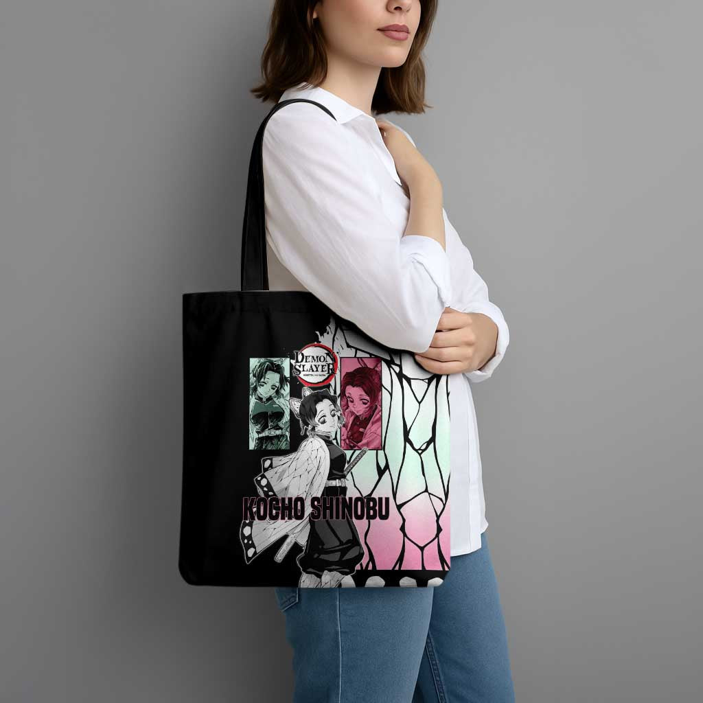 Shinobu Kocho from Demon Slayer Tote Bag with Black and White Wing Pattern and Pastel Manga Panel Design - The Mazicc
