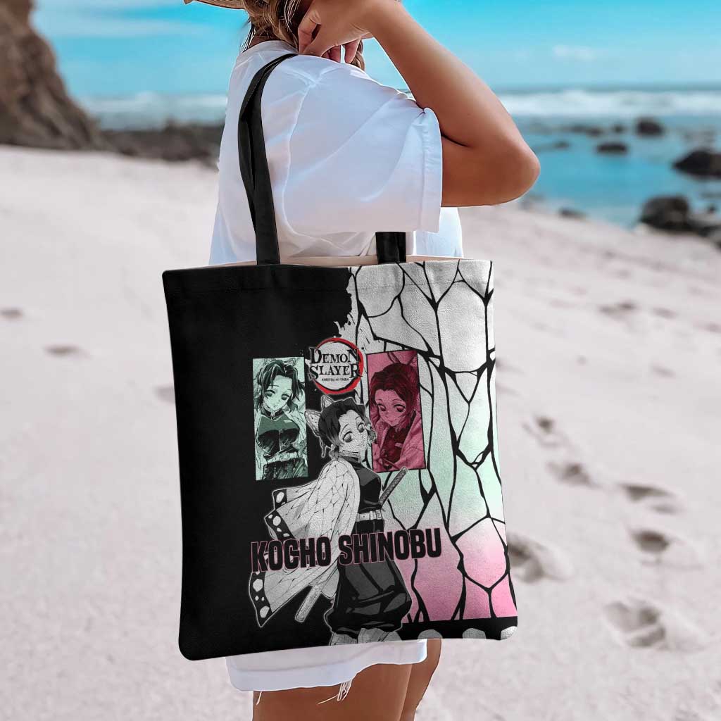 Shinobu Kocho from Demon Slayer Tote Bag with Black and White Wing Pattern and Pastel Manga Panel Design - The Mazicc