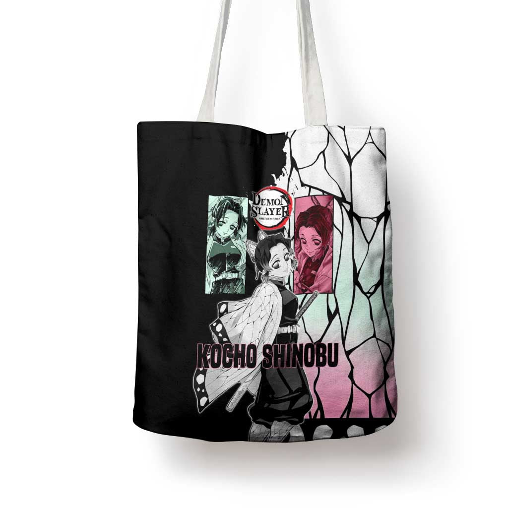 Shinobu Kocho from Demon Slayer Tote Bag with Black and White Wing Pattern and Pastel Manga Panel Design - The Mazicc