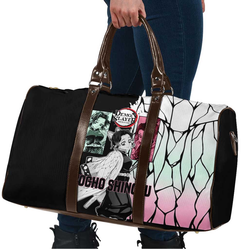 Shinobu Kocho from Demon Slayer Travel Bag with Black and White Wing Pattern and Pastel Manga Panel Design - The Mazicc