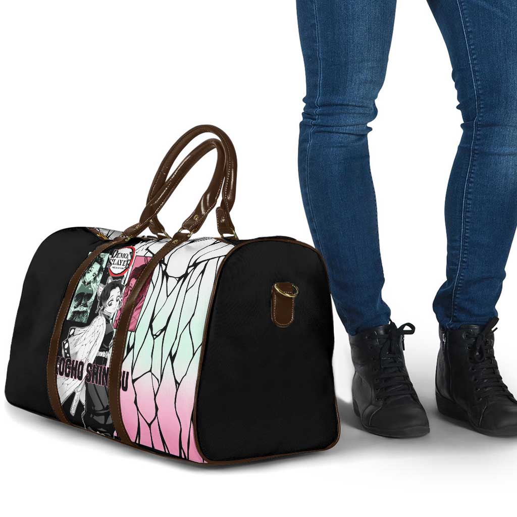 Shinobu Kocho from Demon Slayer Travel Bag with Black and White Wing Pattern and Pastel Manga Panel Design - The Mazicc