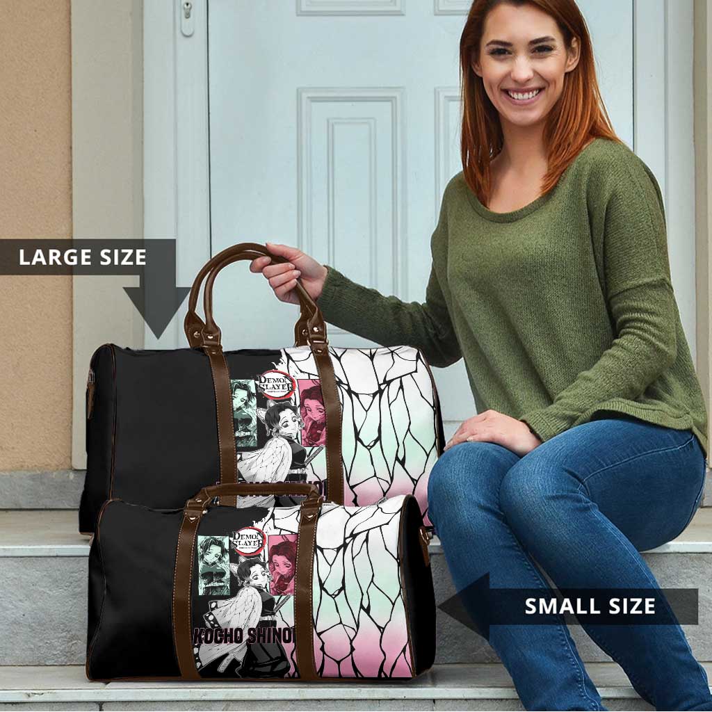 Shinobu Kocho from Demon Slayer Travel Bag with Black and White Wing Pattern and Pastel Manga Panel Design - The Mazicc
