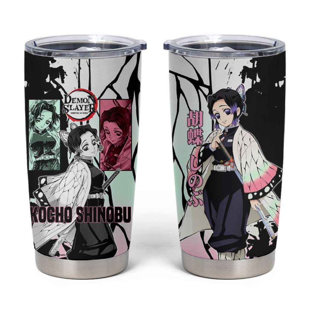 Shinobu Kocho from Demon Slayer Tumbler Cup with Black and White Wing Pattern and Pastel Manga Panel Design - The Mazicc