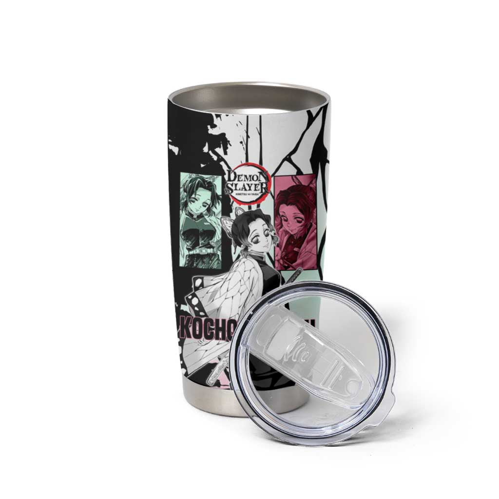 Shinobu Kocho from Demon Slayer Tumbler Cup with Black and White Wing Pattern and Pastel Manga Panel Design - The Mazicc
