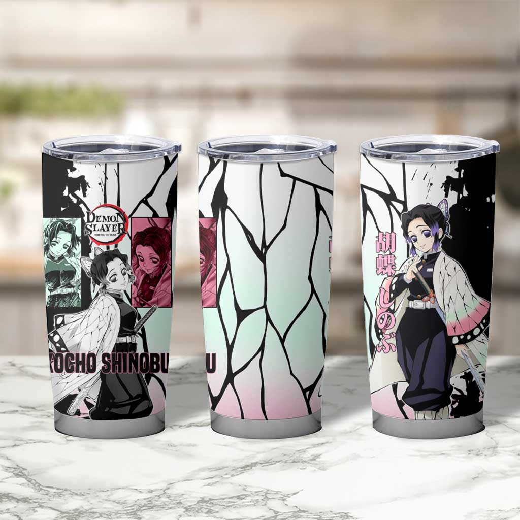 Shinobu Kocho from Demon Slayer Tumbler Cup with Black and White Wing Pattern and Pastel Manga Panel Design - The Mazicc