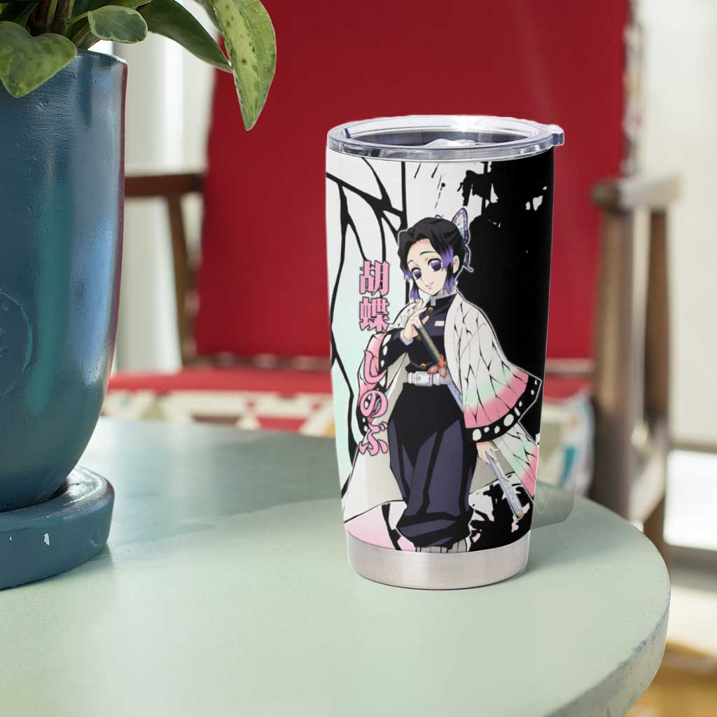 Shinobu Kocho from Demon Slayer Tumbler Cup with Black and White Wing Pattern and Pastel Manga Panel Design - The Mazicc