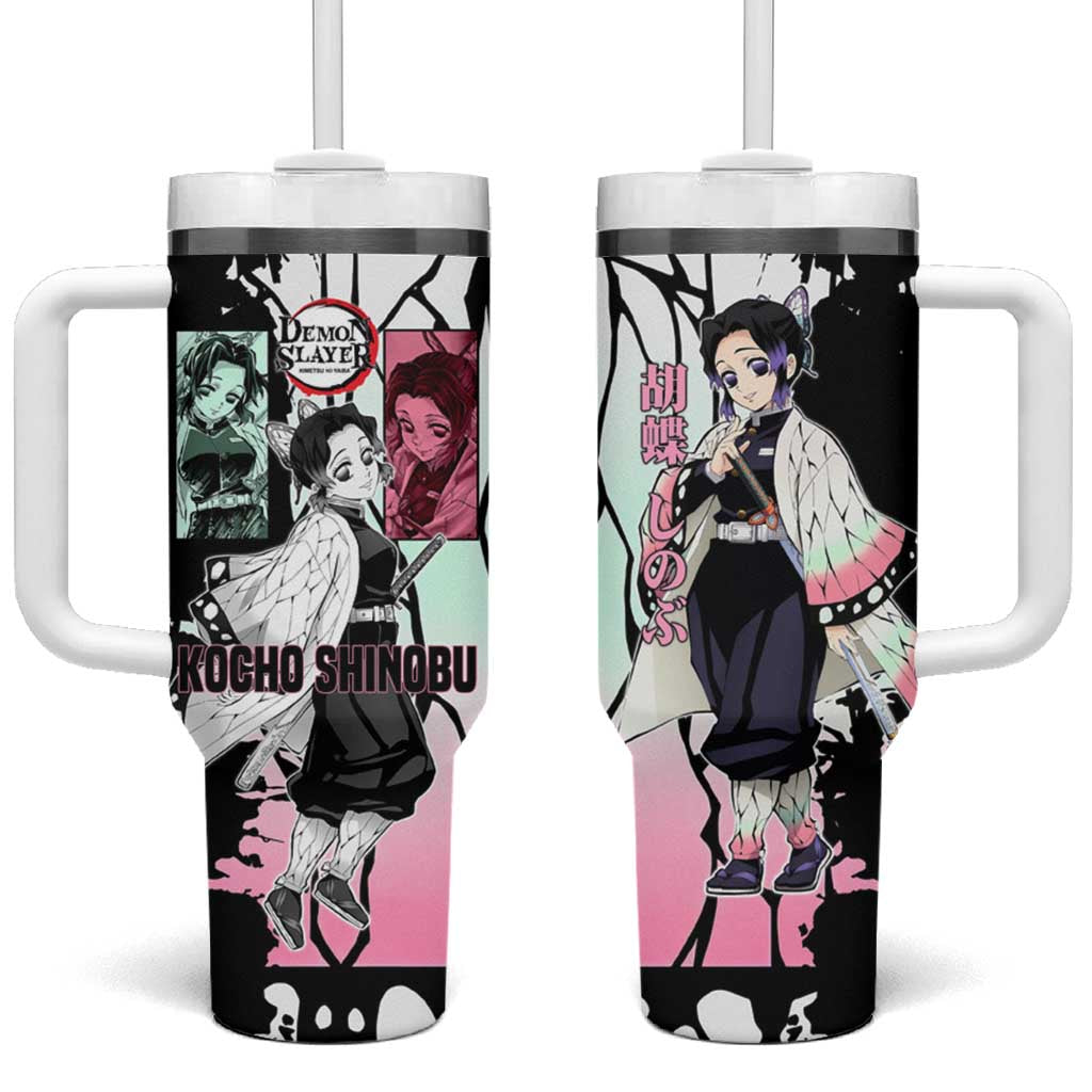 Shinobu Kocho from Demon Slayer Tumbler With Handle with Black and White Wing Pattern and Pastel Manga Panel Design - The Mazicc