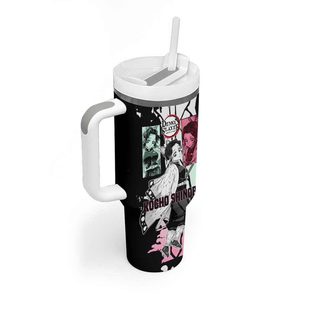 Shinobu Kocho from Demon Slayer Tumbler With Handle with Black and White Wing Pattern and Pastel Manga Panel Design - The Mazicc