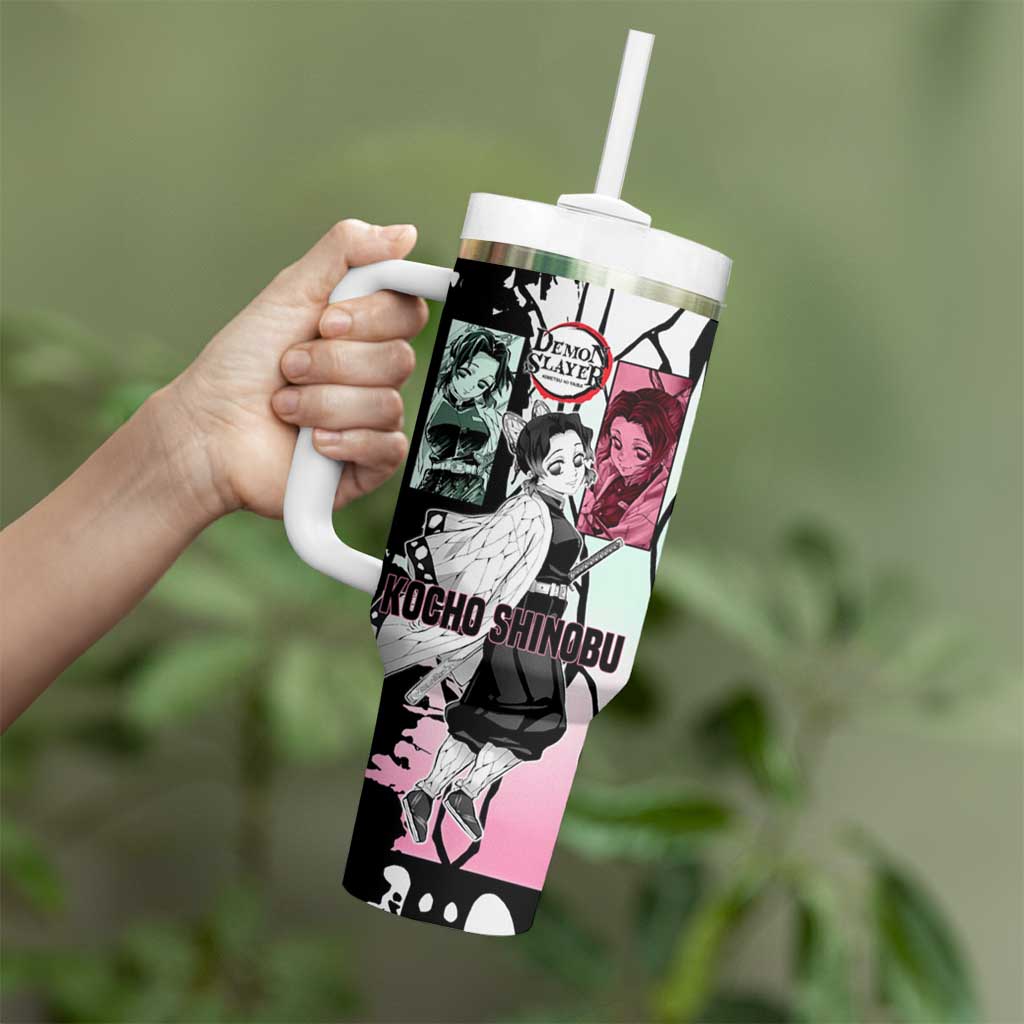 Shinobu Kocho from Demon Slayer Tumbler With Handle with Black and White Wing Pattern and Pastel Manga Panel Design - The Mazicc