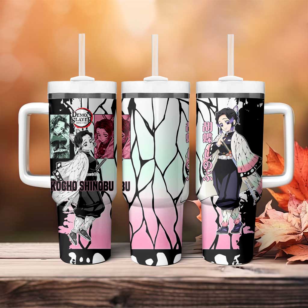 Shinobu Kocho from Demon Slayer Tumbler With Handle with Black and White Wing Pattern and Pastel Manga Panel Design - The Mazicc