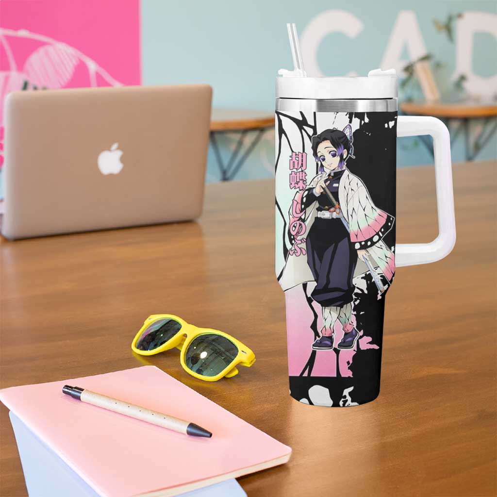 Shinobu Kocho from Demon Slayer Tumbler With Handle with Black and White Wing Pattern and Pastel Manga Panel Design - The Mazicc