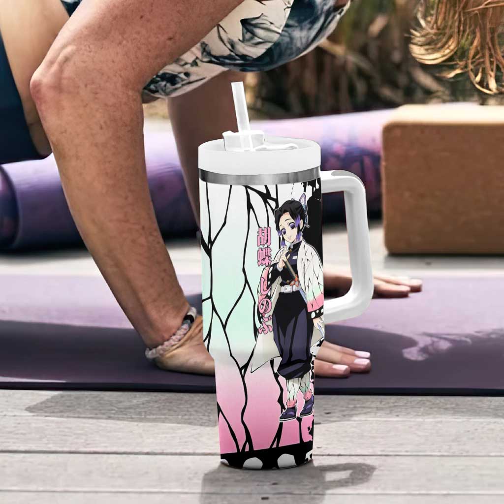 Shinobu Kocho from Demon Slayer Tumbler With Handle with Black and White Wing Pattern and Pastel Manga Panel Design - The Mazicc