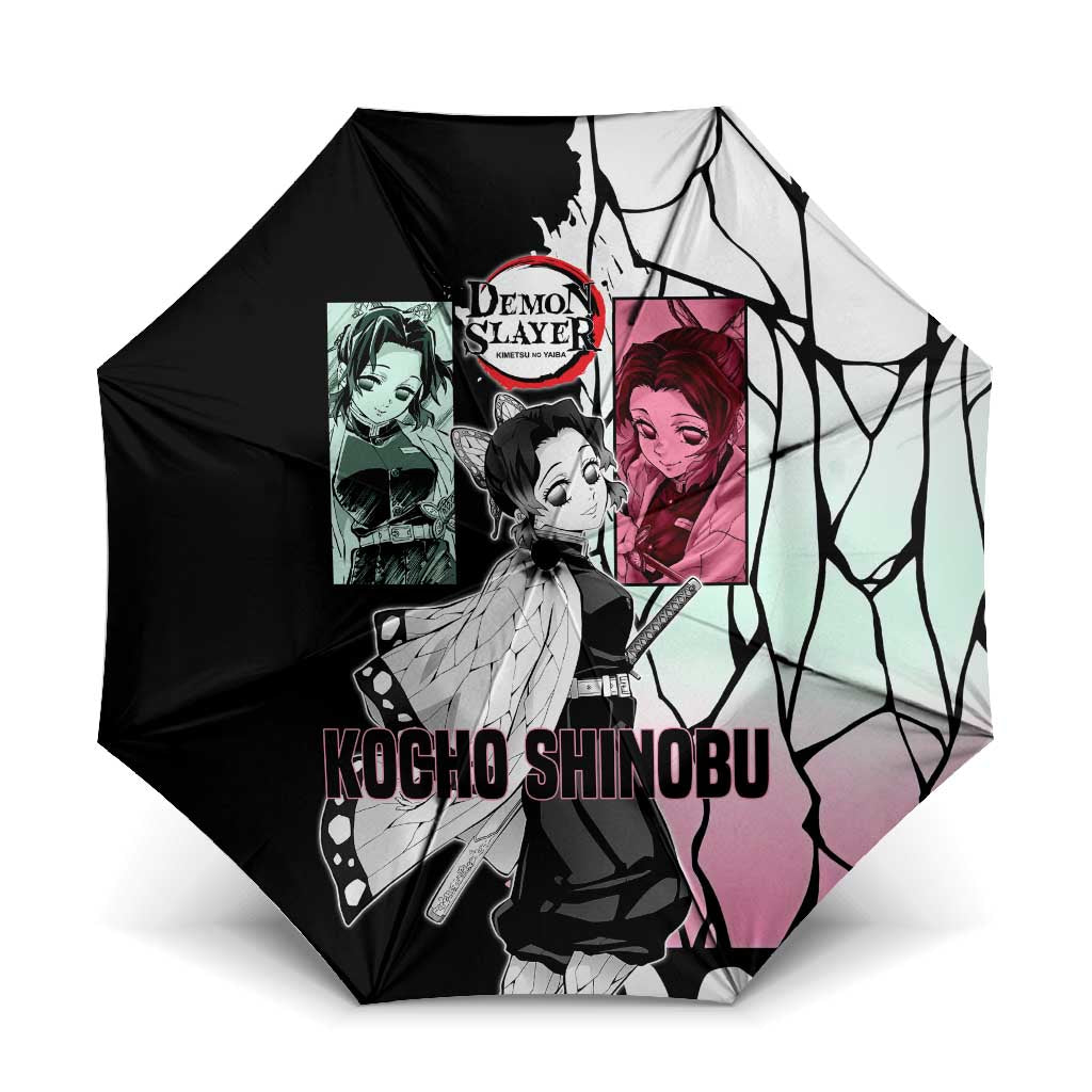 Shinobu Kocho from Demon Slayer Umbrella with Black and White Wing Pattern and Pastel Manga Panel Design - The Mazicc