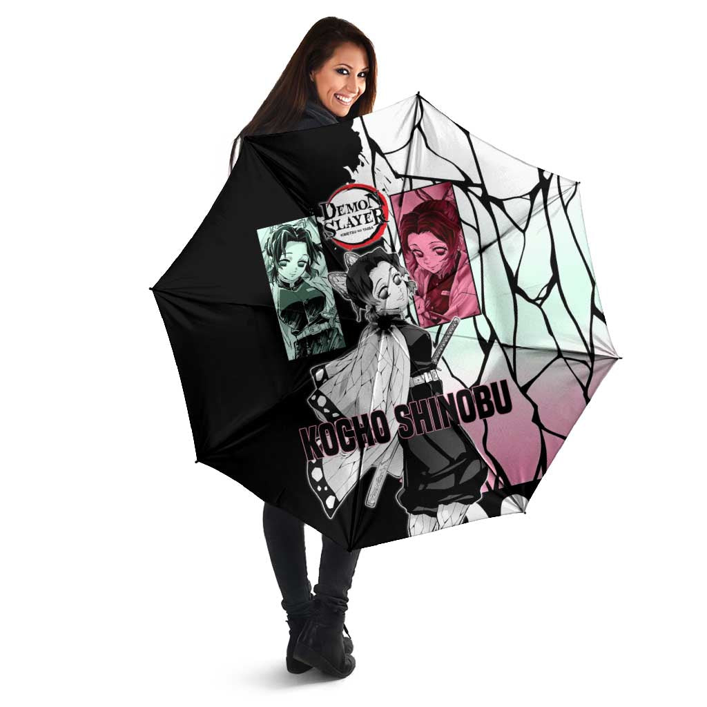 Shinobu Kocho from Demon Slayer Umbrella with Black and White Wing Pattern and Pastel Manga Panel Design - The Mazicc
