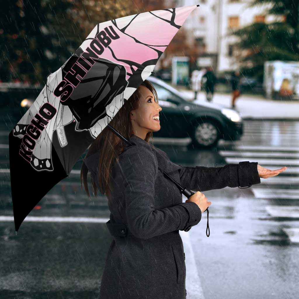 Shinobu Kocho from Demon Slayer Umbrella with Black and White Wing Pattern and Pastel Manga Panel Design - The Mazicc