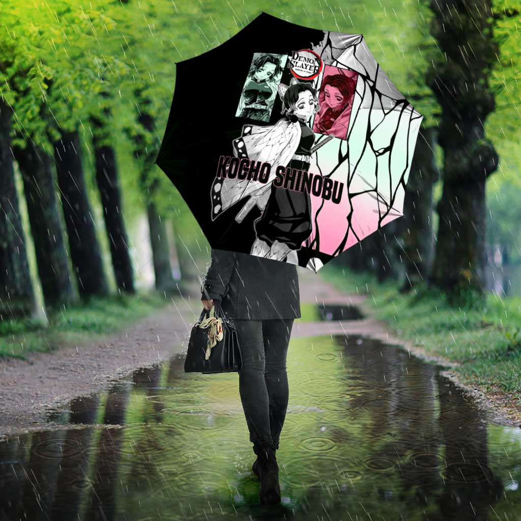 Shinobu Kocho from Demon Slayer Umbrella with Black and White Wing Pattern and Pastel Manga Panel Design - The Mazicc
