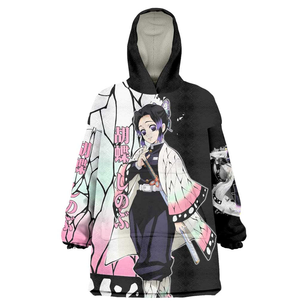 Shinobu Kocho from Demon Slayer Wearable Blanket Hoodie with Black and White Wing Pattern and Pastel Manga Panel Design - The Mazicc