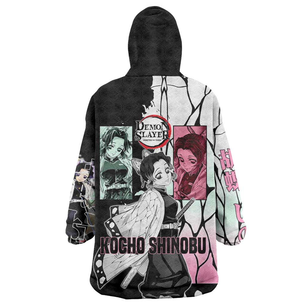 Shinobu Kocho from Demon Slayer Wearable Blanket Hoodie with Black and White Wing Pattern and Pastel Manga Panel Design - The Mazicc