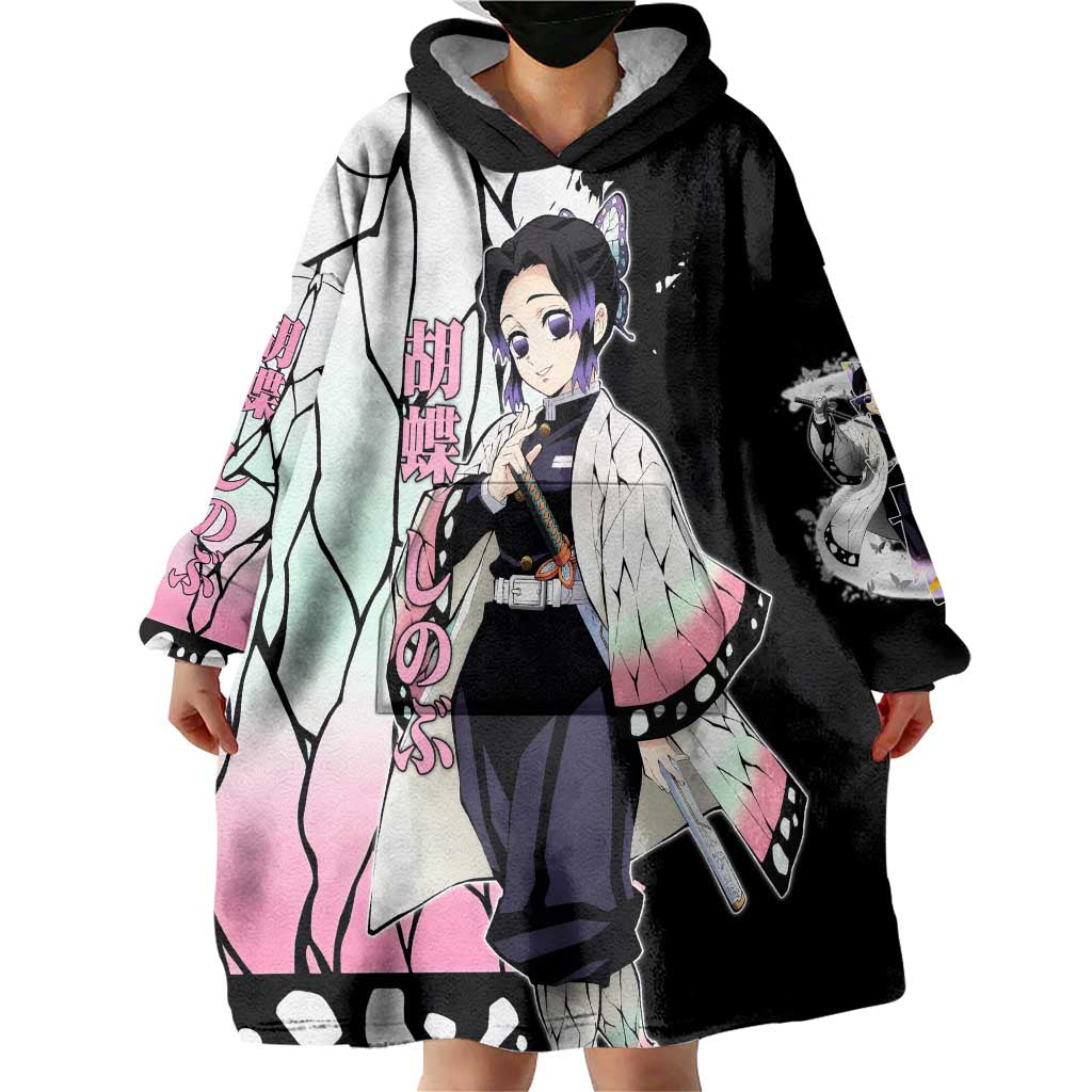 Shinobu Kocho from Demon Slayer Wearable Blanket Hoodie with Black and White Wing Pattern and Pastel Manga Panel Design - The Mazicc