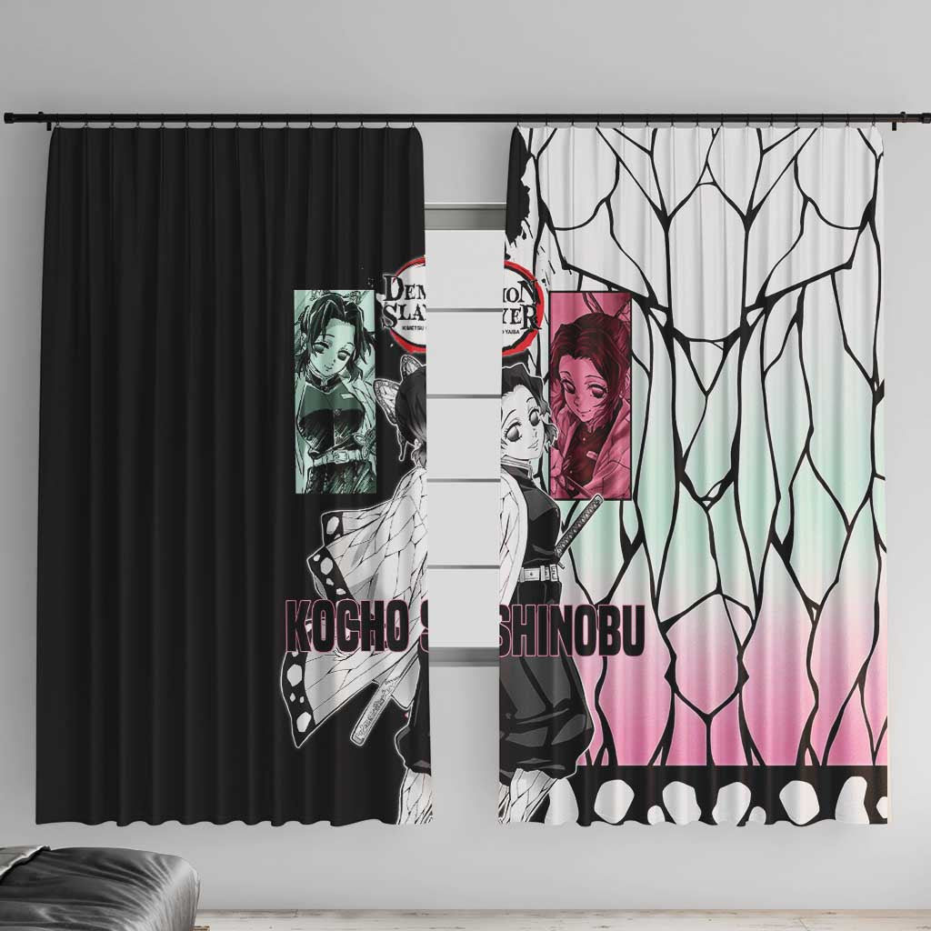 Shinobu Kocho from Demon Slayer Window Curtain with Black and White Wing Pattern and Pastel Manga Panel Design - The Mazicc