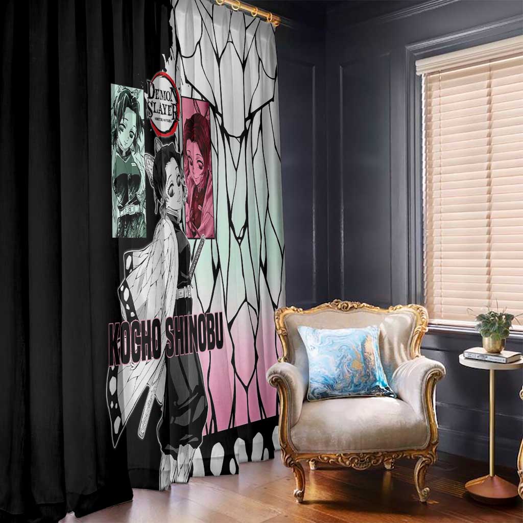 Shinobu Kocho from Demon Slayer Window Curtain with Black and White Wing Pattern and Pastel Manga Panel Design - The Mazicc