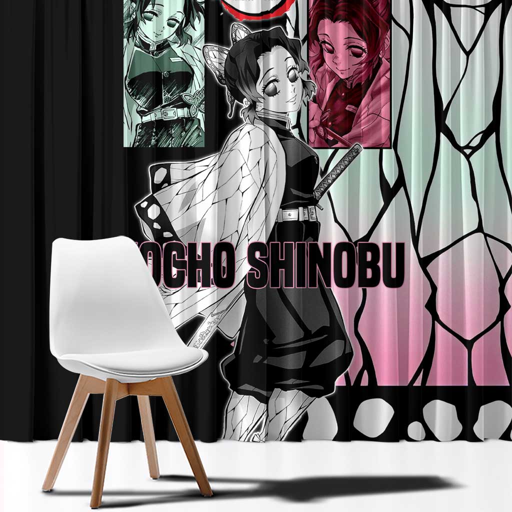 Shinobu Kocho from Demon Slayer Window Curtain with Black and White Wing Pattern and Pastel Manga Panel Design - The Mazicc