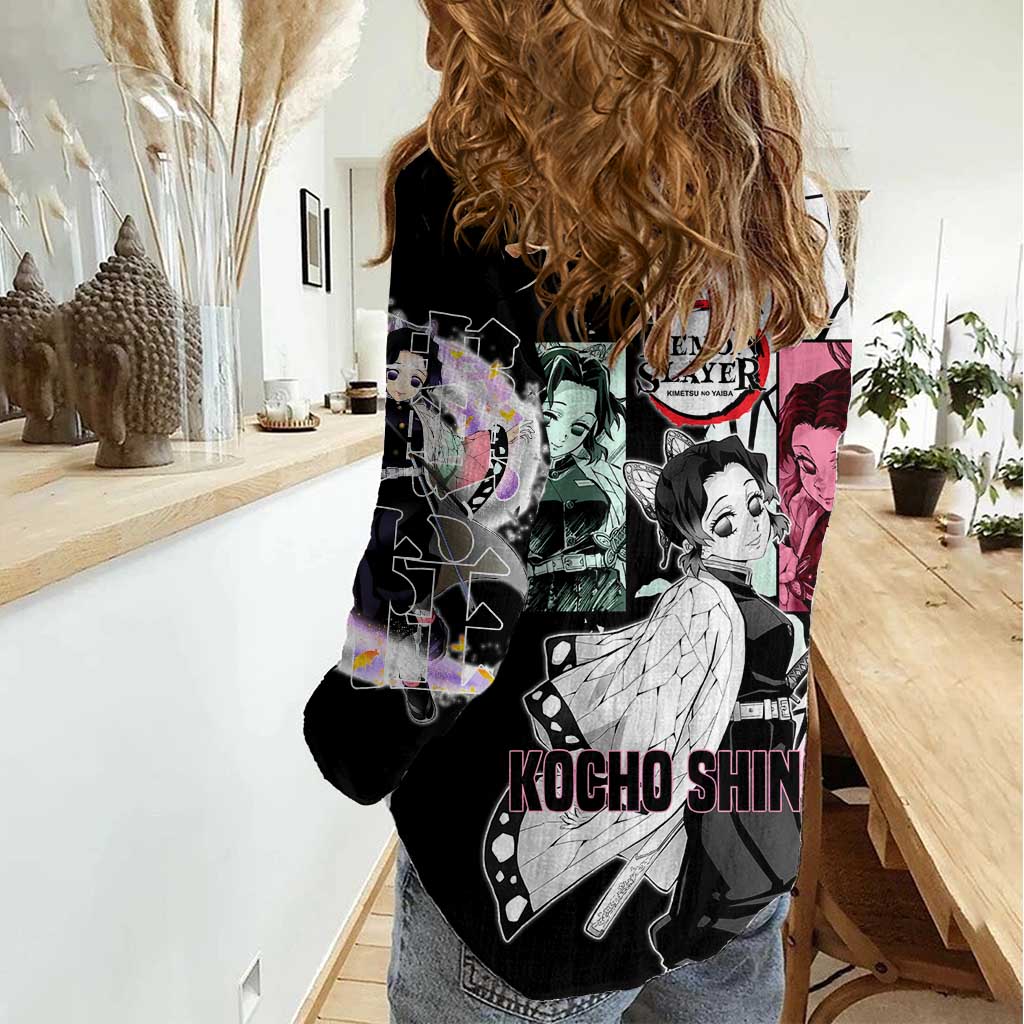 Shinobu Kocho from Demon Slayer Women Casual Shirt with Black and White Wing Pattern and Pastel Manga Panel Design - The Mazicc