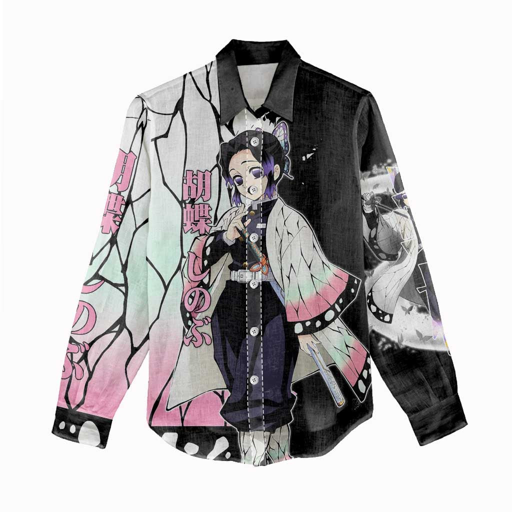 Shinobu Kocho from Demon Slayer Women Casual Shirt with Black and White Wing Pattern and Pastel Manga Panel Design - The Mazicc