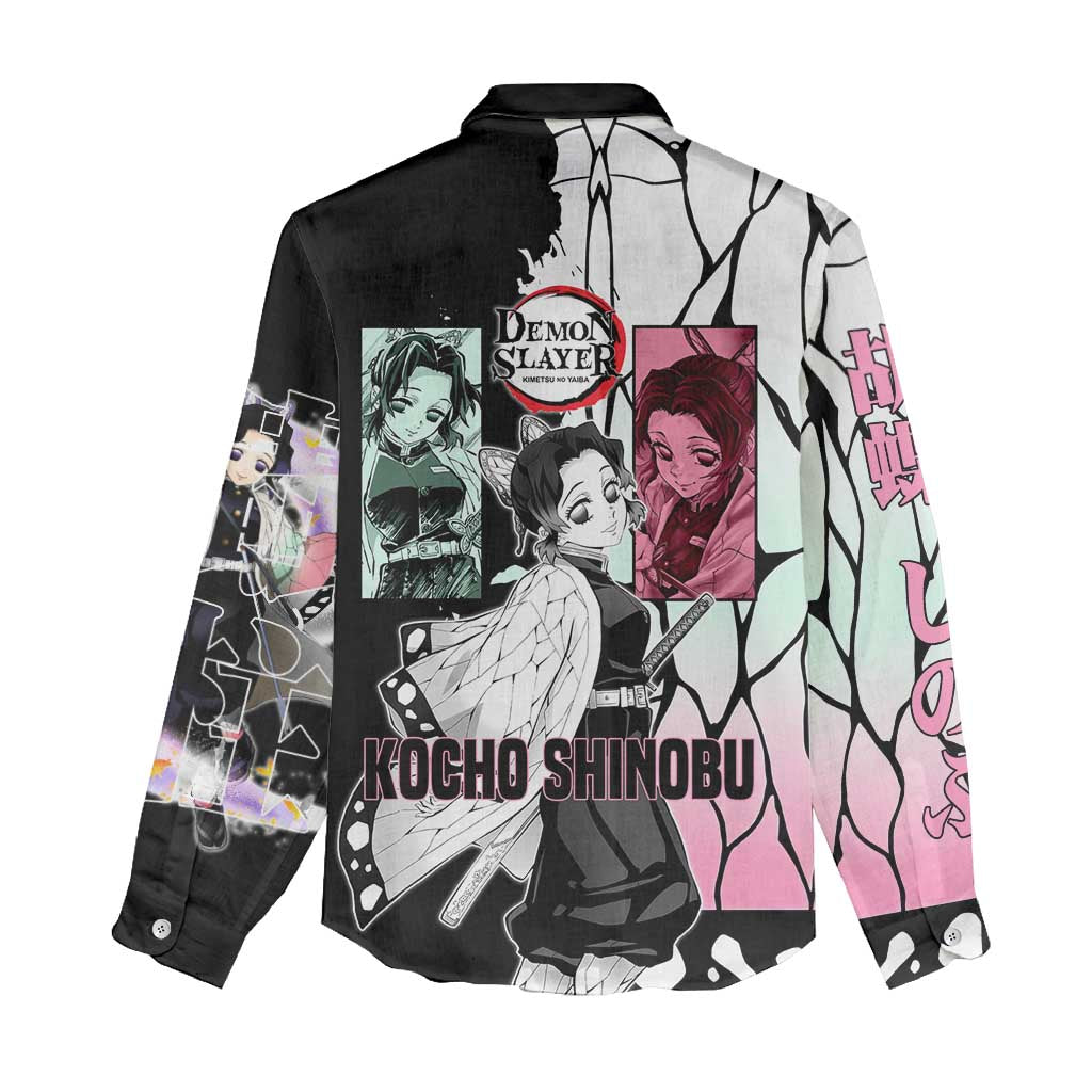 Shinobu Kocho from Demon Slayer Women Casual Shirt with Black and White Wing Pattern and Pastel Manga Panel Design - The Mazicc