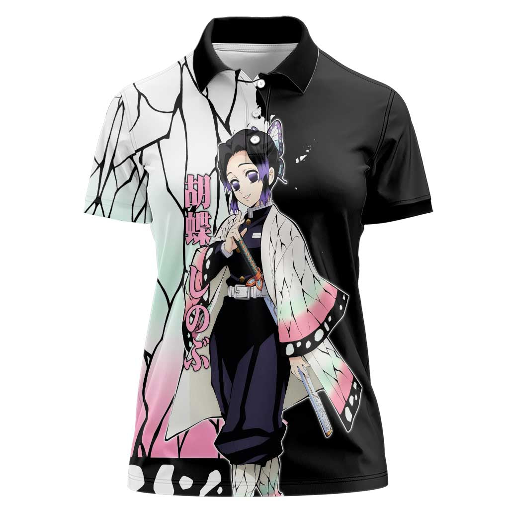 Shinobu Kocho from Demon Slayer Women Polo Shirt with Black and White Wing Pattern and Pastel Manga Panel Design - The Mazicc