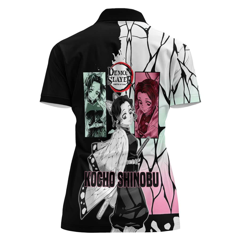 Shinobu Kocho from Demon Slayer Women Polo Shirt with Black and White Wing Pattern and Pastel Manga Panel Design - The Mazicc