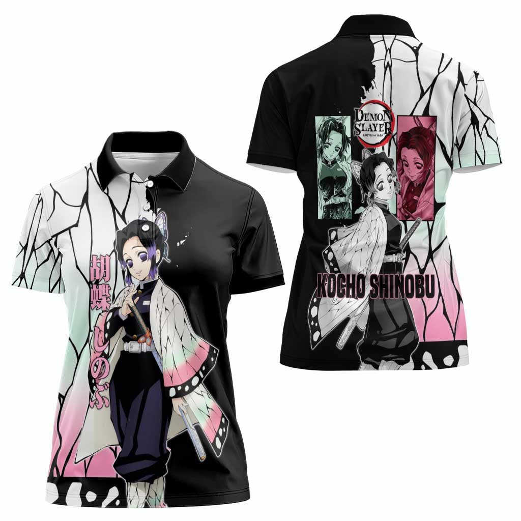 Shinobu Kocho from Demon Slayer Women Polo Shirt with Black and White Wing Pattern and Pastel Manga Panel Design - The Mazicc