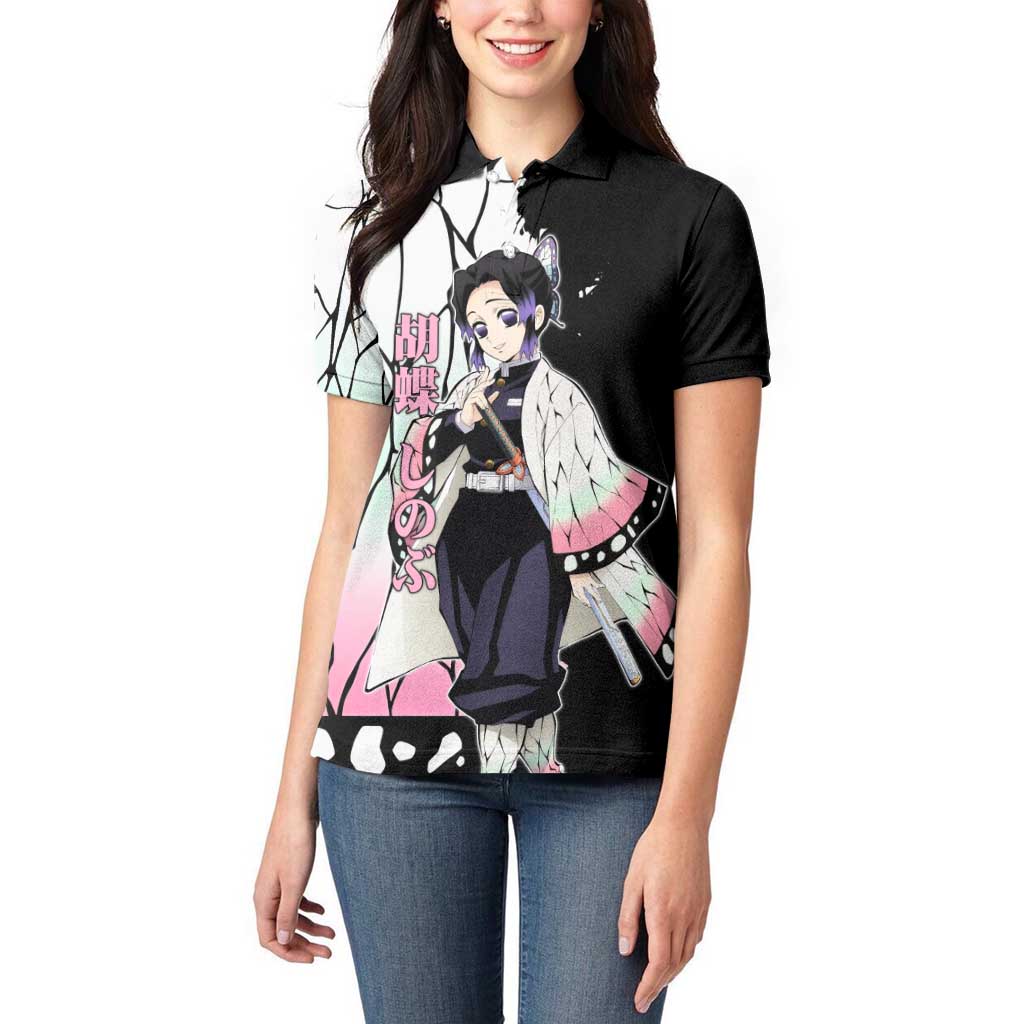 Shinobu Kocho from Demon Slayer Women Polo Shirt with Black and White Wing Pattern and Pastel Manga Panel Design - The Mazicc