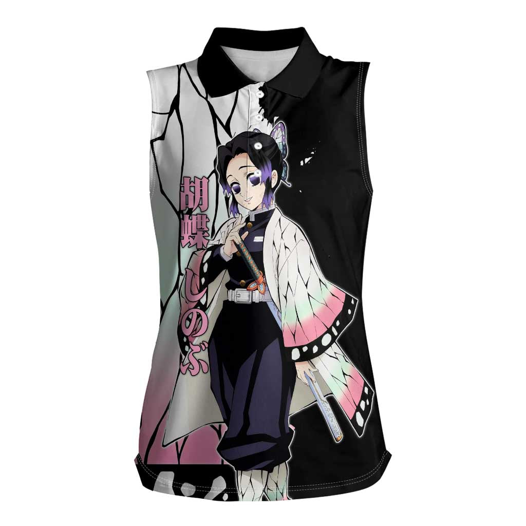 Shinobu Kocho from Demon Slayer Women Sleeveless Polo Shirt with Black and White Wing Pattern and Pastel Manga Panel Design - The Mazicc