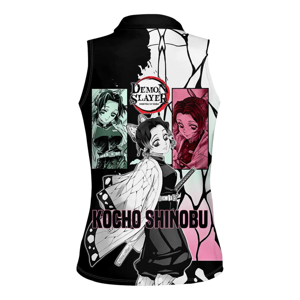 Shinobu Kocho from Demon Slayer Women Sleeveless Polo Shirt with Black and White Wing Pattern and Pastel Manga Panel Design - The Mazicc