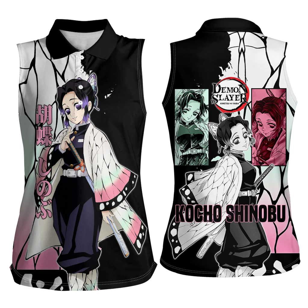 Shinobu Kocho from Demon Slayer Women Sleeveless Polo Shirt with Black and White Wing Pattern and Pastel Manga Panel Design - The Mazicc