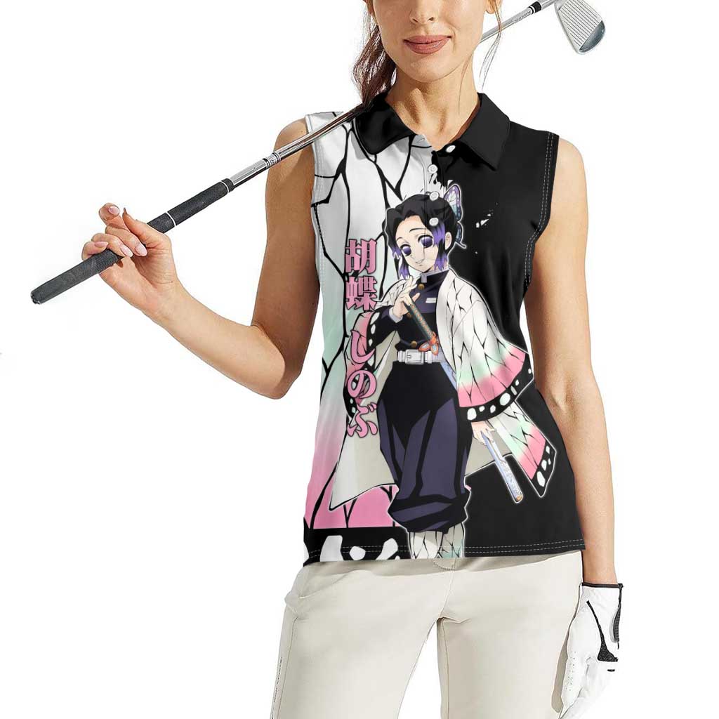 Shinobu Kocho from Demon Slayer Women Sleeveless Polo Shirt with Black and White Wing Pattern and Pastel Manga Panel Design - The Mazicc