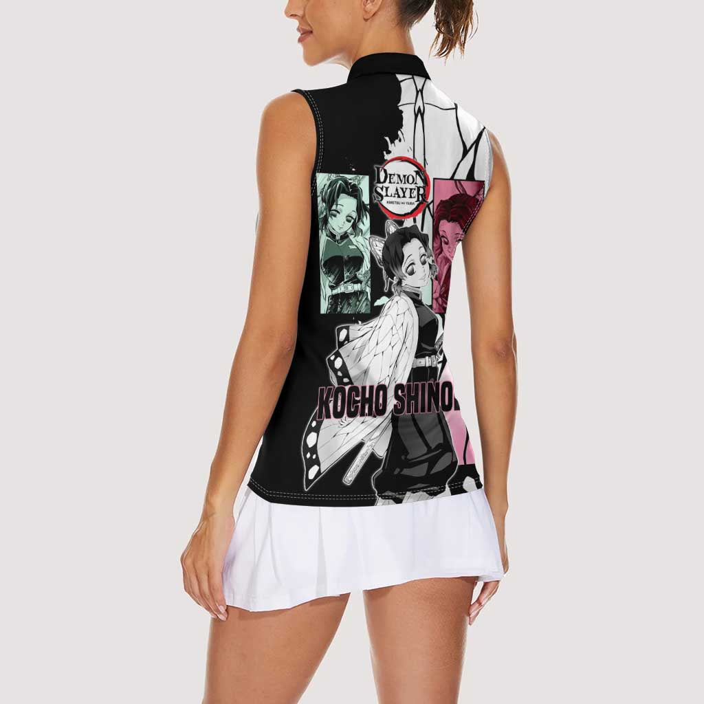 Shinobu Kocho from Demon Slayer Women Sleeveless Polo Shirt with Black and White Wing Pattern and Pastel Manga Panel Design - The Mazicc