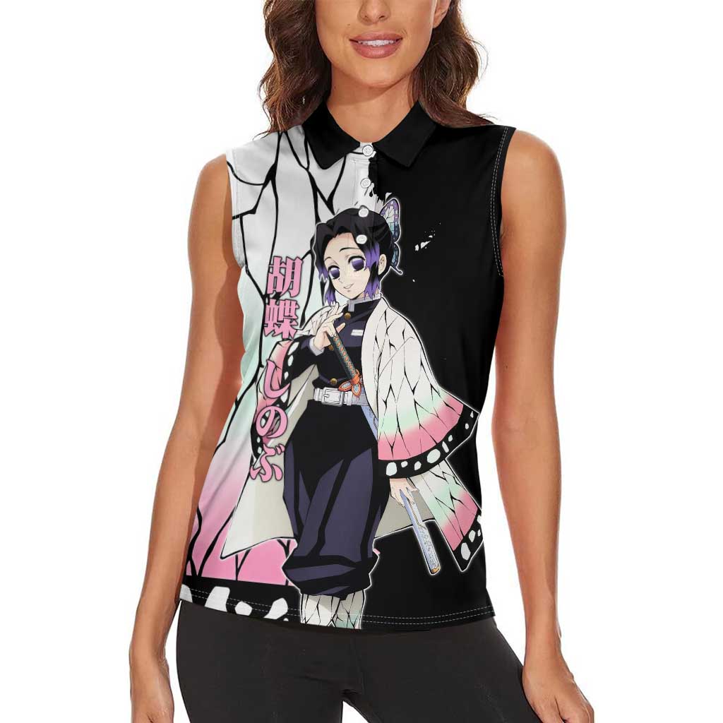 Shinobu Kocho from Demon Slayer Women Sleeveless Polo Shirt with Black and White Wing Pattern and Pastel Manga Panel Design - The Mazicc